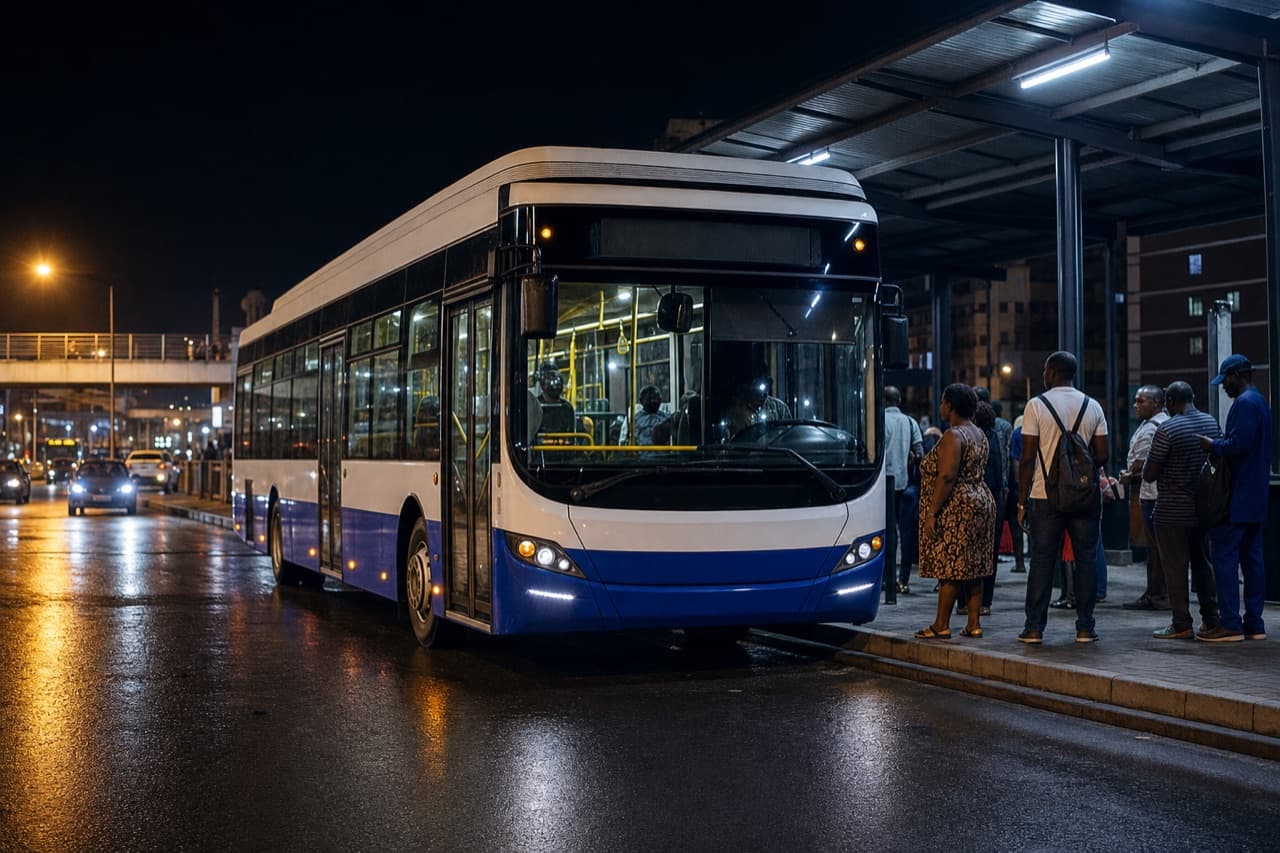 Nigerian BRT bus at a lit bus station at night, blue and white livery